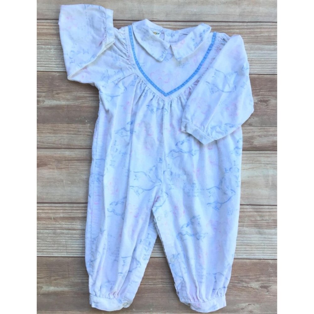 Cuties by Judy Bubble Romper Girls 18 Mos Corduroy White Pink Blue Vintage 1990s